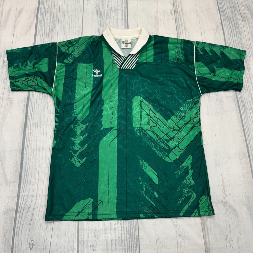 VTG 80s 90s Hummel Soccer Jersey Small Futbol Green Geometric Polo Collar USA‎